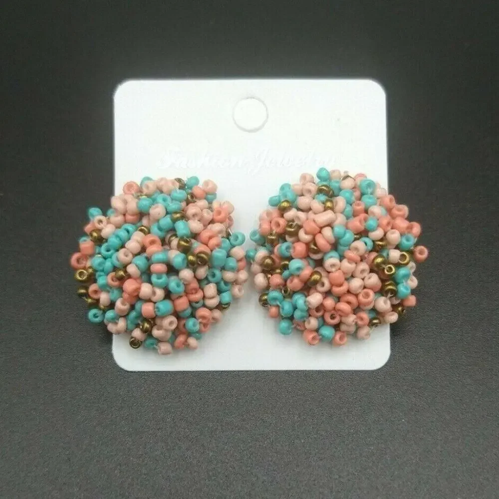 Boho Seed Bead Stud Earrings MultiPink Blue Bronze Fashion Jewelry + Gift Pouch